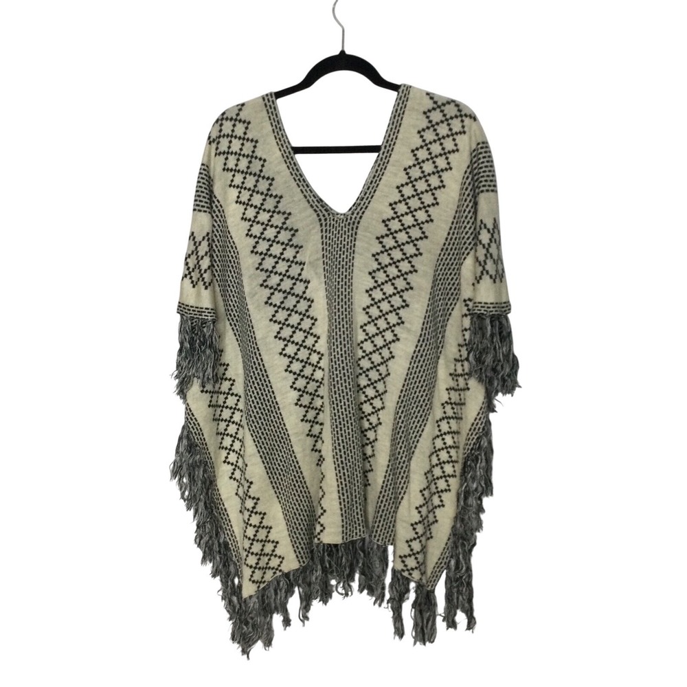 ENTRO Poncho Sweater Cream Black Geometric Fringe V‎ Neck Women's Size M